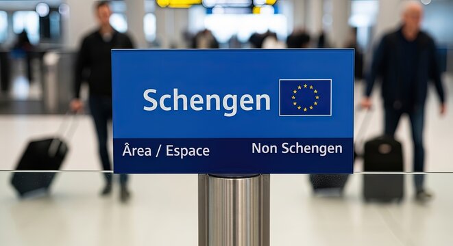 Schengen area sign at airport with travelers in background