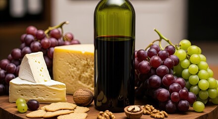 Wine bottle surrounded by cheese, grapes, and nuts on wooden board  