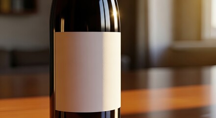 Wine bottle with blank label on wooden table in warm lighting  