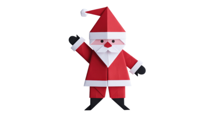 A charming origami Santa Claus figure in a classic red suit, white beard, and hat, waving cheerfully against a solid transparent background. background removed