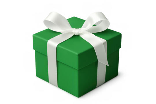 Green gift box with white ribbon and bow, symbolizing celebration, holiday, giving, and anniversary surprise on transparent background