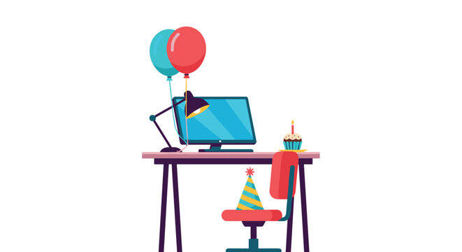 Festive office desk setup featuring a computer, colorful balloons, and a single birthday cupcake to celebrate a work anniversary.
