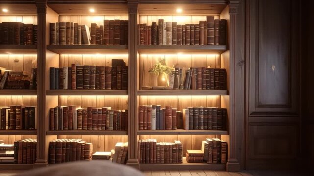 A cozy library with a wooden bookshelf illuminated with warm lights, filled with rows of old books