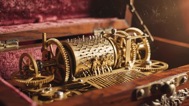 Golden Music Box Mechanism Spinning With Gears Inside Wooden Case