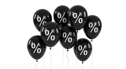 Black balloons with percent symbols floating on a white background  