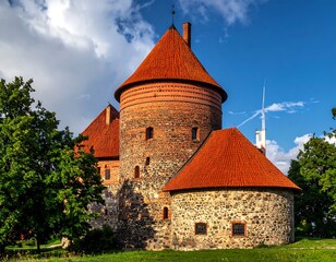 A medieval fortress with round towers and red tiled roofs under a bright blue sky
