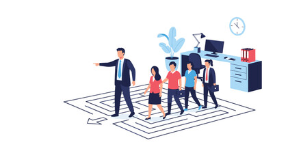 Diverse business team following their leader through a maze toward an office, illustrating guidance, strategy, and corporate navigation.