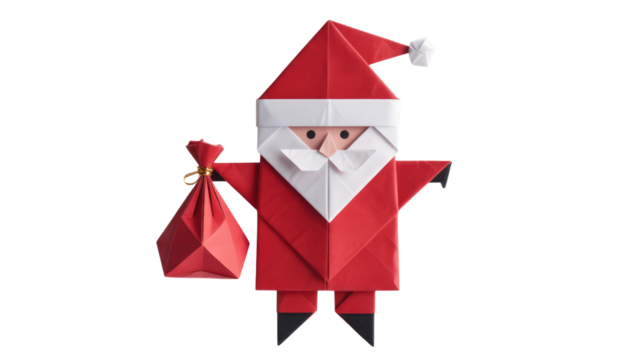 A charming origami Santa Claus in red and white holds a gift bag, perfect for festive holiday designs. background removed