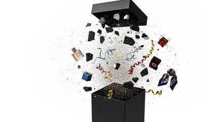 Gifts exploding from a black box with confetti and decorative items  