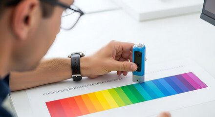 Precise Color Matching: Man Using a Spectrophotometer to Ensure Accurate Color Reproduction for Print or Digital Media, Emphasizing Quality Control in Design Workflows