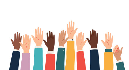 Fototapeta premium Diverse group of multicultural hands raised in the air, representing volunteering, participation, questions, or a shared consensus.