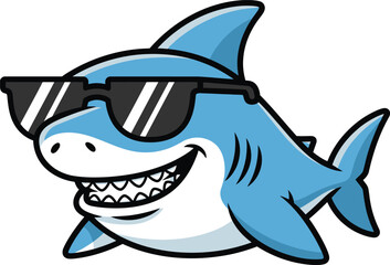 Cool cartoon shark wearing sunglasses smiling with sharp teeth ready for summer fun isolated on transparent background