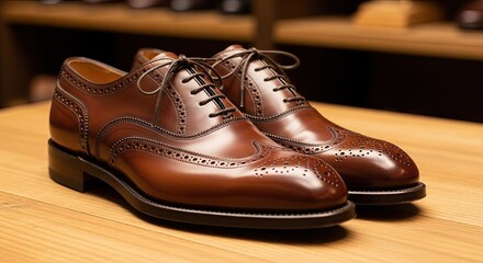 Elegant brown leather dress shoes displayed on wooden shelf  