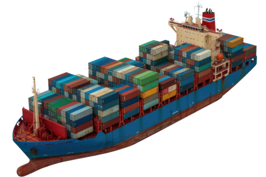 Large blue container ship loaded with numerous colorful shipping containers, isolated against a solid transparent background, ready for global transport. background removed