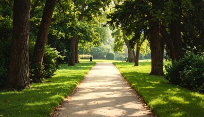 Obraz premium A park path lined with trees and lush green grass invites a tranquil stroll