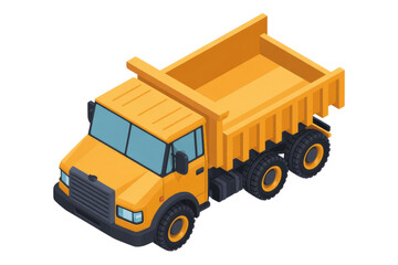 Naklejka premium A bright yellow isometric dump truck is depicted on a transparent background. This heavy-duty vehicle is ready for construction or transport tasks. background removed