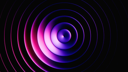 3d render. Layered rings with purple gradient effect. Abstract geometric background of ribbed glass illuminated with pink blue neon light