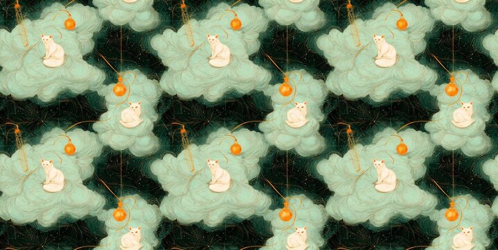 Seamless fantasy wallpaper featuring kitsune foxes, mystical clouds, glowing lanterns, and ornate pastel accents in a magical setting.