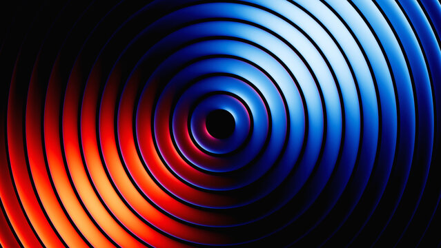 3d render. Abstract neon geometric background. Round metallic rings. Chrome texture with blue red gradient. Ribbed glass wallpaper