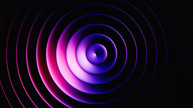 3d render. Layered rings with purple gradient effect. Abstract geometric background of ribbed glass illuminated with pink blue neon light