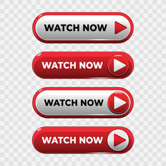 Red Watch Now button set for play video and watch video now buttons for website interface and video player UI vector illustration