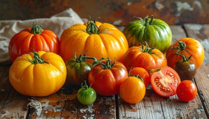 A medley of vibrant, freshly harvested, multi-colored heirloom tomatoes on a wooden surface
