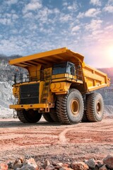 Mining operation featuring a massive dumper truck under the summer sun for transporting resources