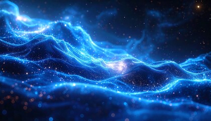A mesmerizing digital artwork featuring a luminous ocean of swirling blue energy and sparkling particles