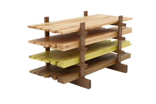 A multi-level wooden shelf unit holds stacks of light, brown, and yellow planks on a dark transparent background. Useful for storage. background removed