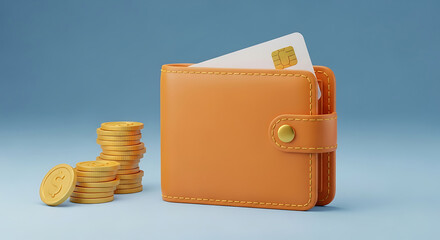 Wallet with Gold Coins and Credit Card Mockup for Business Success and Financial Planning, Savings Investment, and E-Commerce, Modern and Stylish Design (3D Render)