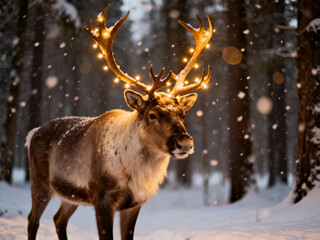 festive christmas reindeer portrait with lights and snowfall