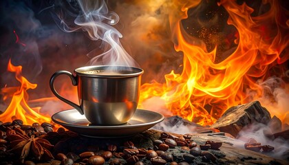 A metallic coffee mug with steam rises in a fiery landscape with scattered coffee beans