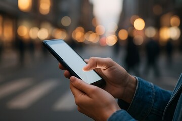 Urban Smartphone Usage Close-Up: Perfect for Tech Ads, Mobile App Promotions, Urban Lifestyle Campaigns, Social Media Banners, and Productivity Tool Commercials