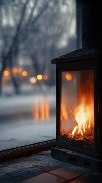 Cozy lantern illumination next to frosty winter window scene