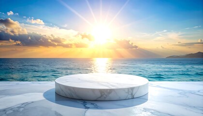 A marble pedestal sits atop a marble surface with the ocean and a radiant sunset in the background