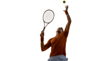 A male tennis player in an orange shirt is captured in action, poised to serve, tossing the ball high into the air. background removed