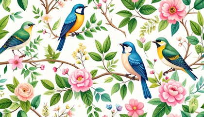 Fototapeta premium Cute bird pattern on branch with flowers and leaves seamless abstract illustration
