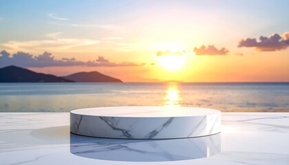A marble product display platform sits seaside, framed by ocean, sunset, and distant islands