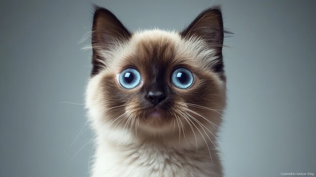 Intense Gaze of a Beautiful Siamese Cat with Striking Blue Eyes Against a Solid Gray Background