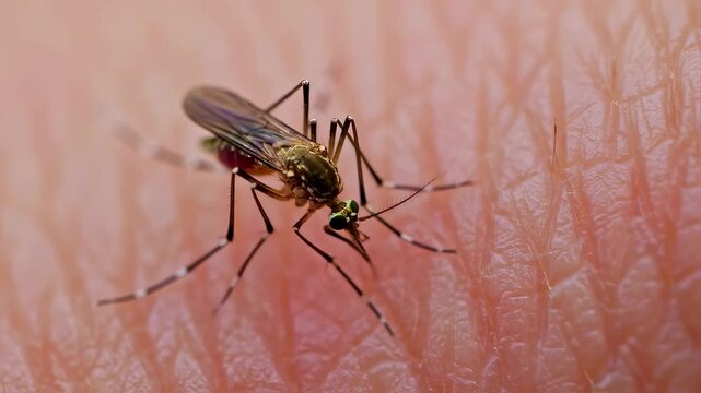 Close-up View of a Mosquito Feeding on Human Skin with Visible Blood Engorgement