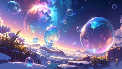 Dreamy landscape with giant bubbles floating in a fantasy setting with snow and flowers, under a colorful celestial sky