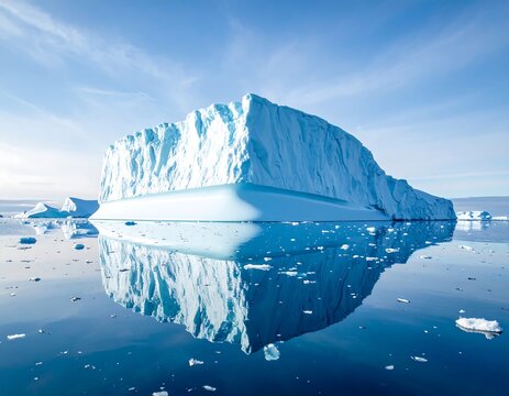 A massive iceberg floats calmly on still, reflective water under a clear, bright blue sky