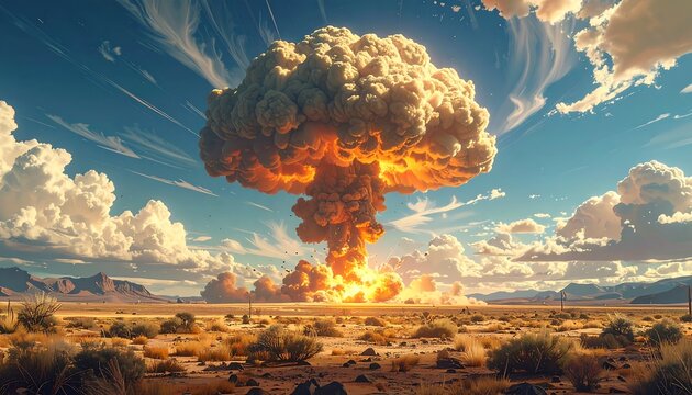 A massive mushroom cloud erupts over a desert landscape under a brilliant, sunlit sky - Powered by Adobe