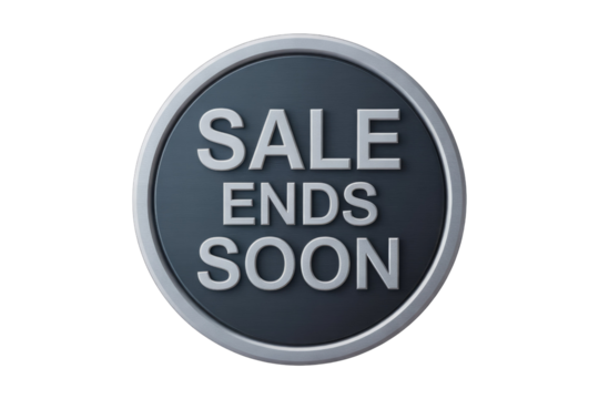 A circular metallic badge displaying "SALE ENDS SOON" in bold white 3D text, indicating an urgent limited-time offer or discount. background removed
