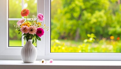 Flowers in vase by bright window colorful blooms, fresh air. Outside, trees blur. Peaceful interior