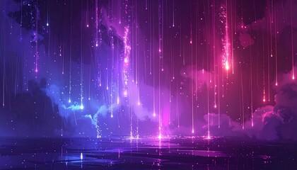 Dreamy landscape with streaking light trails, gradient colors, and reflection on a glossy ground