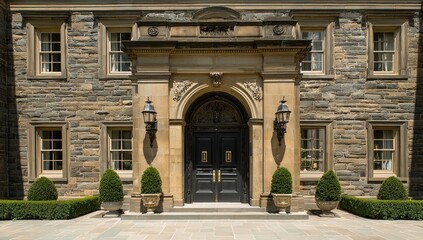 Obraz premium A grand stone entryway with a dark door leads to a stately residence.