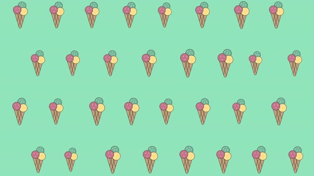 Seamless pattern ice cream cones on mint green, suitable for summer themed designs, stationery, textiles, and social media graphics.