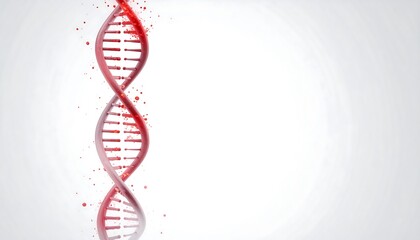 A medical illustration of a 3D red DNA double helix with red droplets against white backdrop