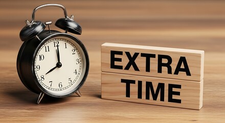 Black alarm clock with Extra Time blocks on wooden surface background